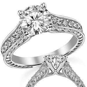 Round Rose & Leaf Design Moissanite Engagement Ring