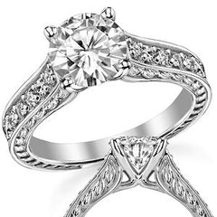 Round Rose & Leaf Design Moissanite Engagement Ring