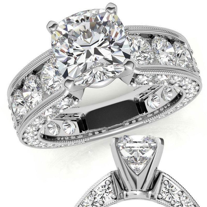 Round Brilliant Moissanite Wide Engagement Ring Setting, 3.4ct