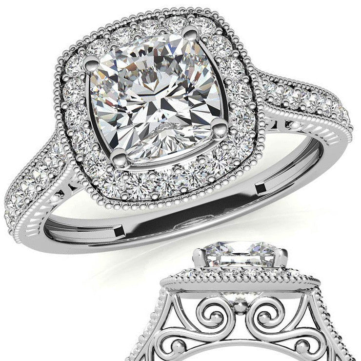 Cushion Scroll Halo Moissanite Engagement Ring