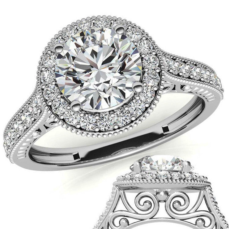 Round Scroll Halo Moissanite Engagement Ring