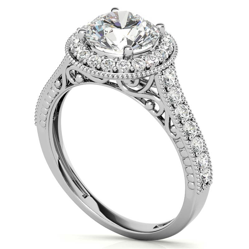 Round Scroll Halo Moissanite Engagement Ring