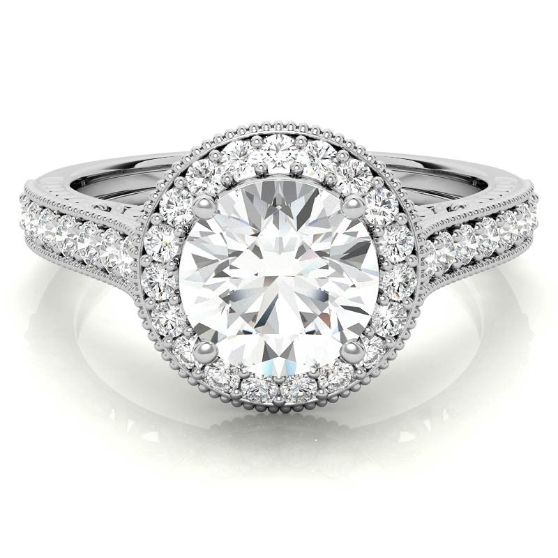 Round Scroll Halo Moissanite Engagement Ring