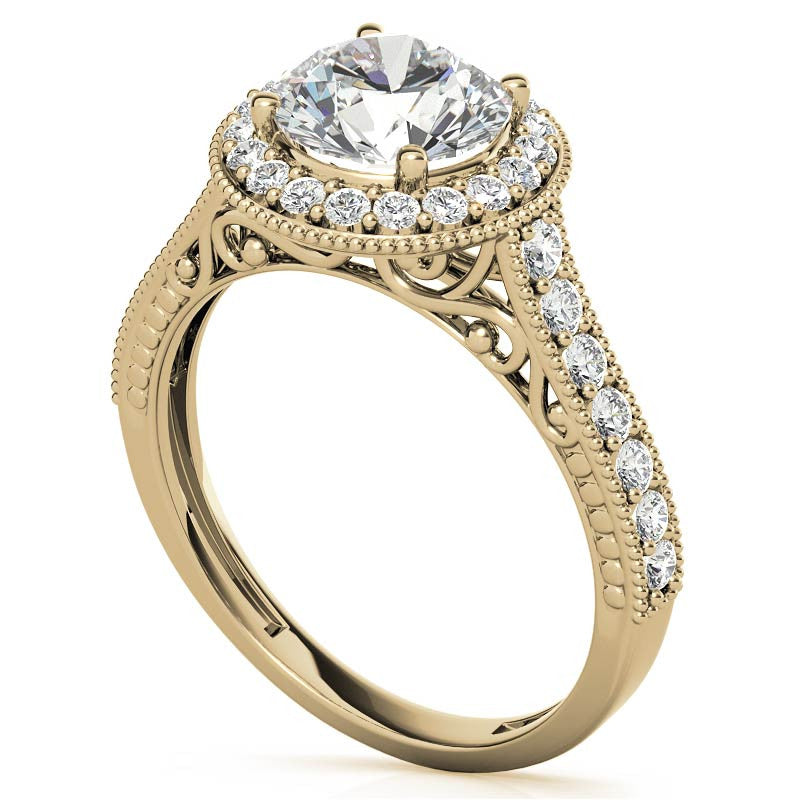 Round Scroll Halo Moissanite Engagement Ring