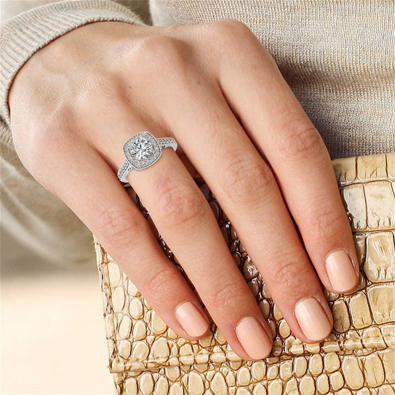 Round Scroll Cushion Halo Moissanite Engagement Ring