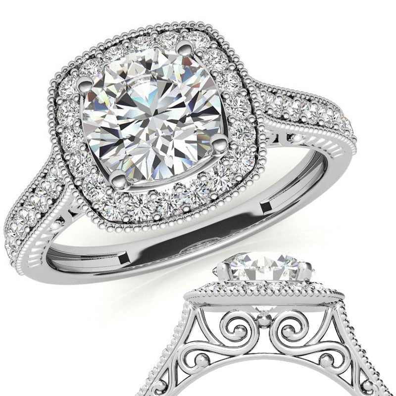 Round Scroll Cushion Halo Moissanite Engagement Ring