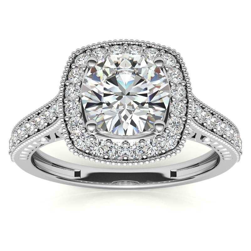 Round Scroll Cushion Halo Moissanite Engagement Ring