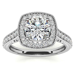 Round Scroll Cushion Halo Moissanite Engagement Ring