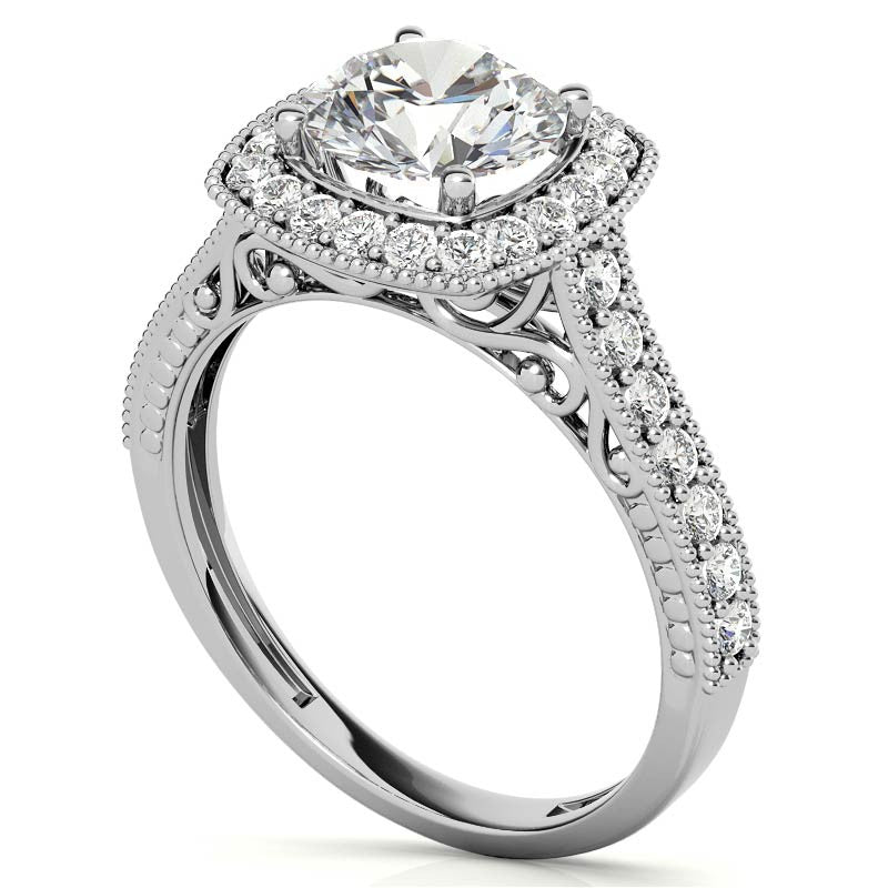 Round Scroll Cushion Halo Moissanite Engagement Ring