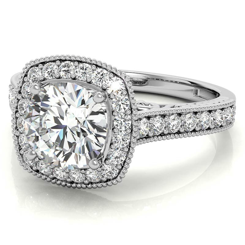 Round Scroll Cushion Halo Moissanite Engagement Ring
