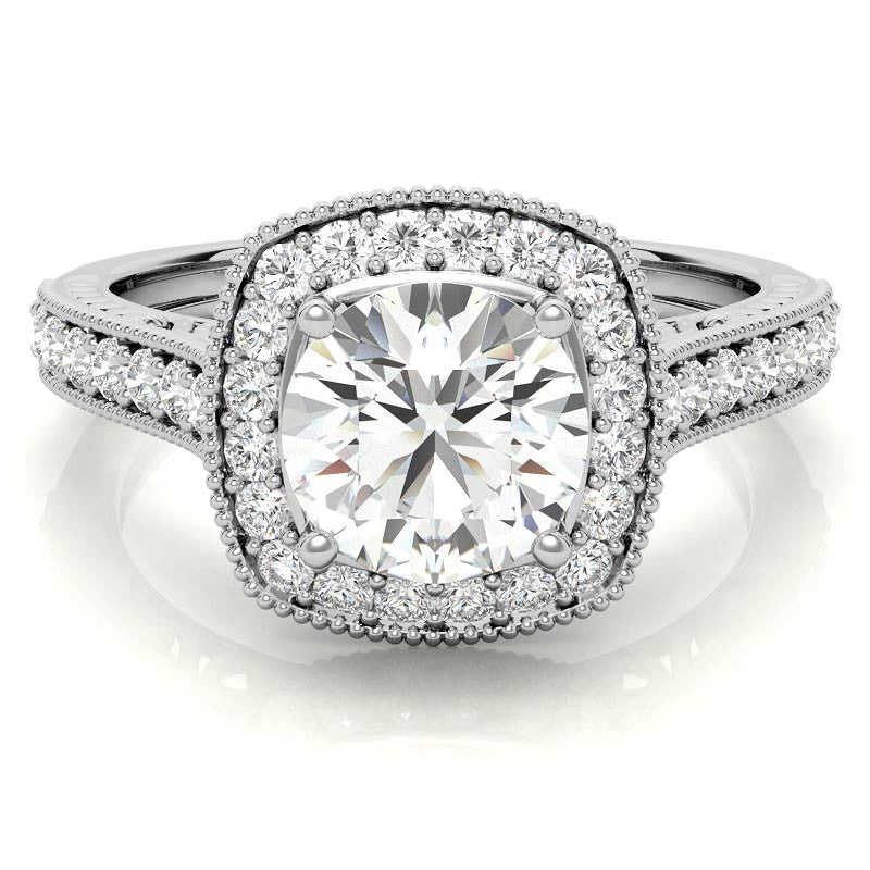 Round Scroll Cushion Halo Moissanite Engagement Ring