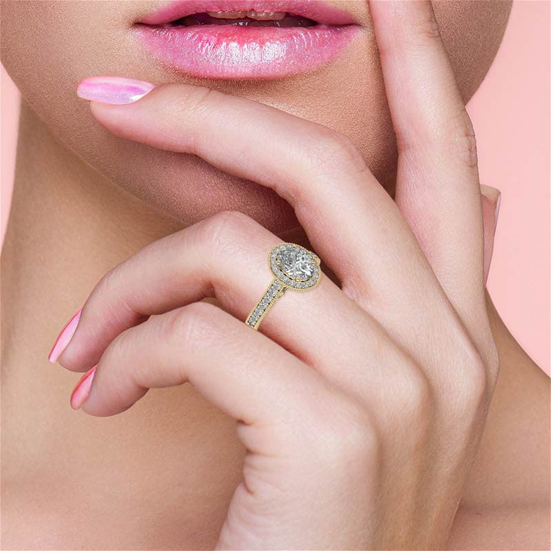 Oval Scroll Halo Moissanite Engagement Ring