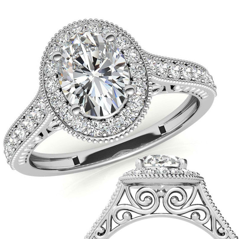 Oval Scroll Halo Moissanite Engagement Ring