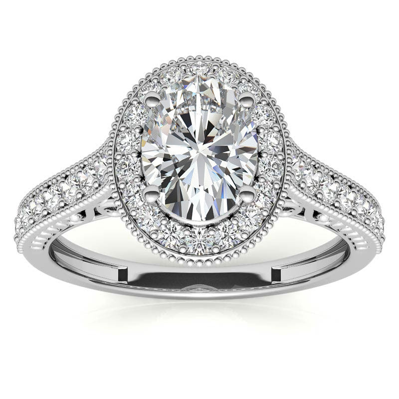 Oval Scroll Halo Moissanite Engagement Ring