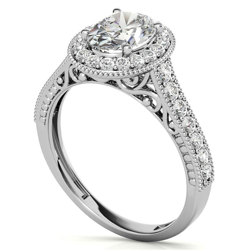 Oval Scroll Halo Moissanite Engagement Ring
