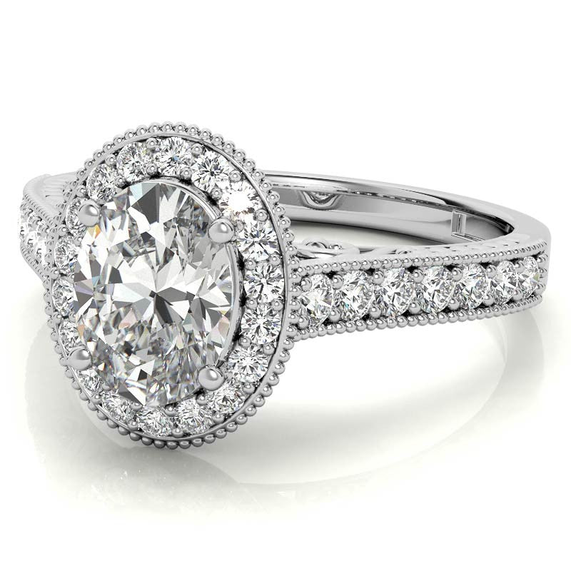 Oval Scroll Halo Moissanite Engagement Ring
