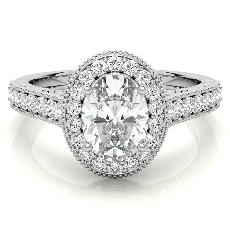 Oval Scroll Halo Moissanite Engagement Ring