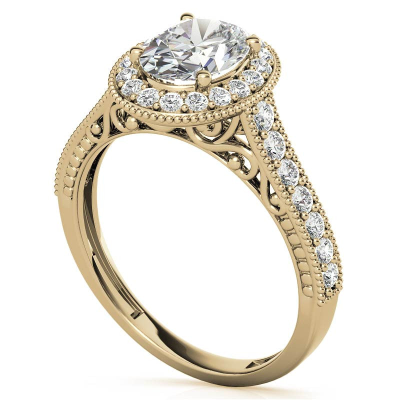 Oval Scroll Halo Moissanite Engagement Ring