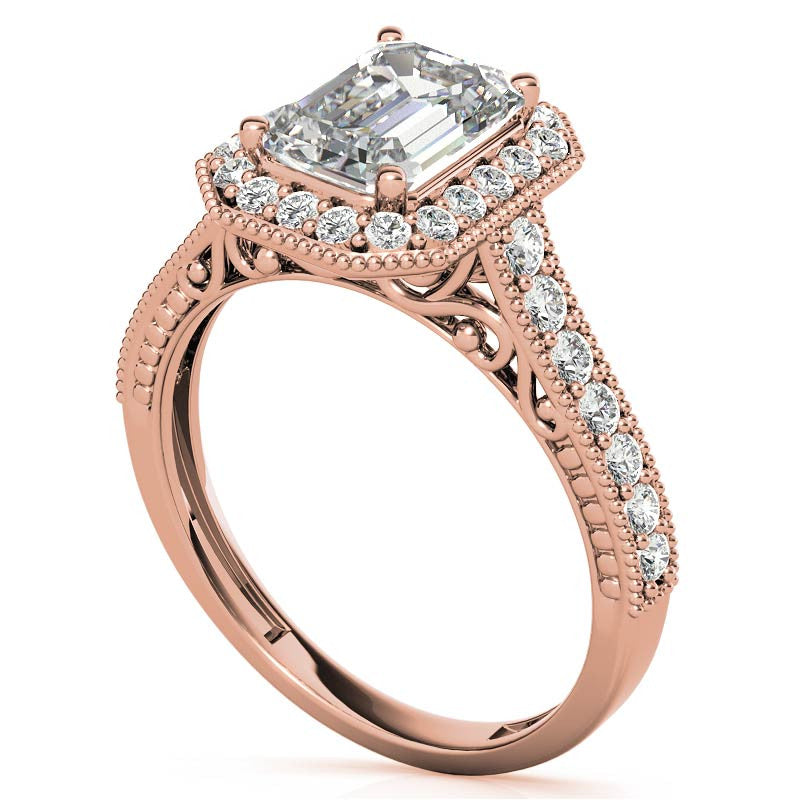 Radiant/Emerald Scroll Halo Moissanite Engagement Ring