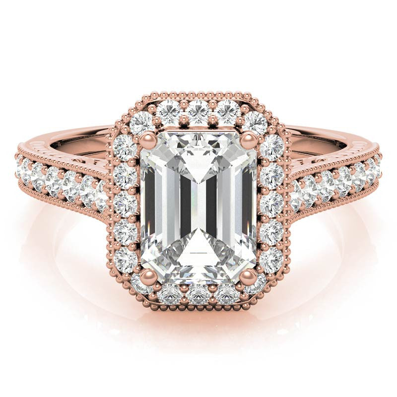 Radiant/Emerald Scroll Halo Moissanite Engagement Ring