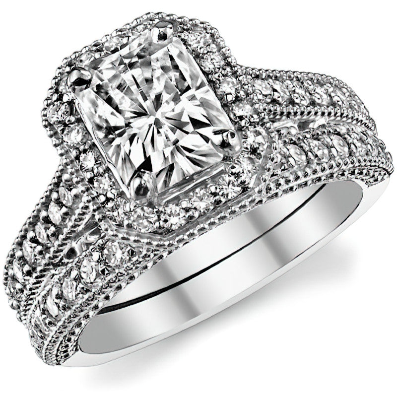 Radiant/Emerald Scroll Halo Moissanite Engagement Ring