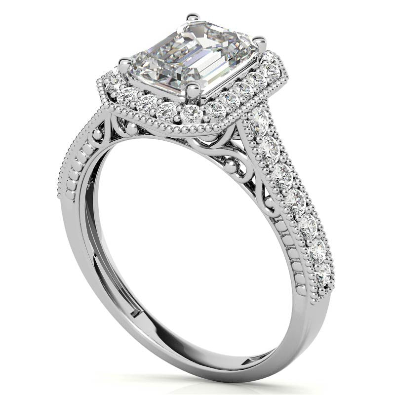 Radiant/Emerald Scroll Halo Moissanite Engagement Ring