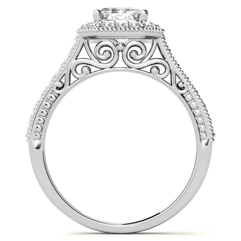 Radiant/Emerald Scroll Halo Moissanite Engagement Ring