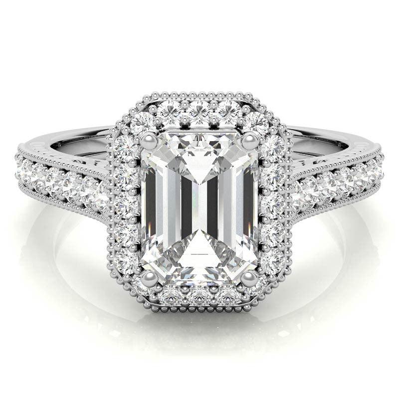 Radiant/Emerald Scroll Halo Moissanite Engagement Ring
