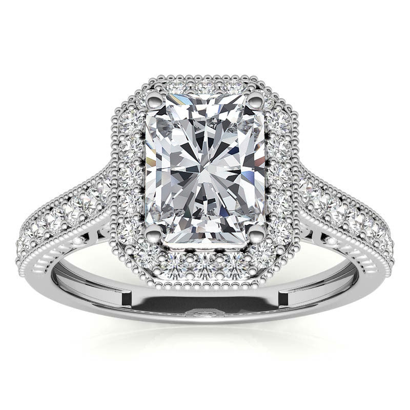 Radiant/Emerald Scroll Halo Moissanite Engagement Ring