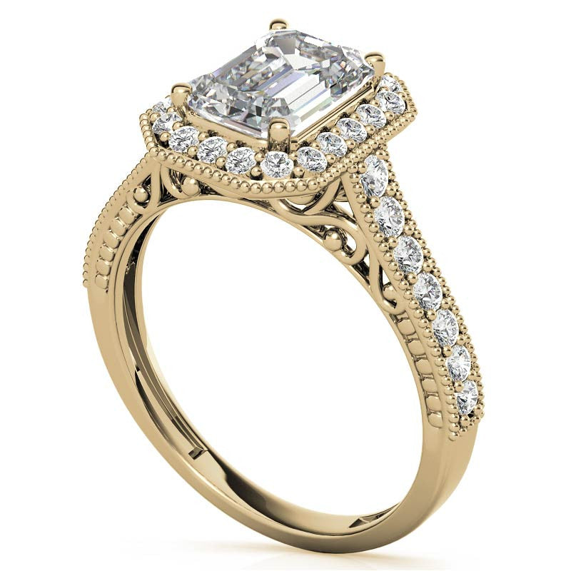 Radiant/Emerald Scroll Halo Moissanite Engagement Ring