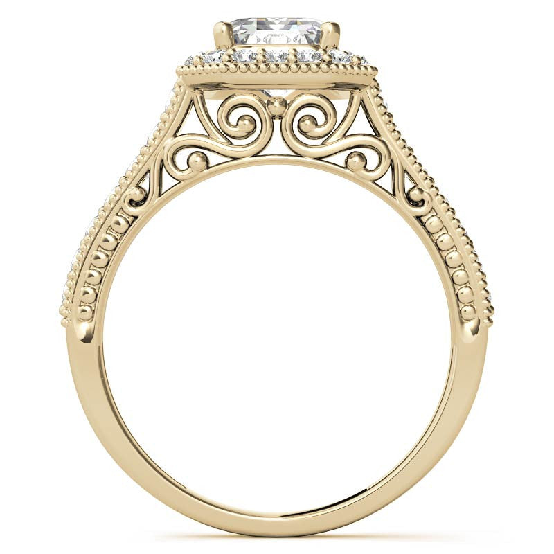 Radiant/Emerald Scroll Halo Moissanite Engagement Ring