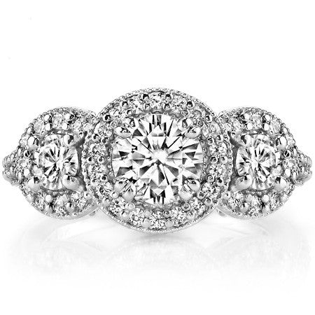 Antique Scroll Three-Stone Halo Moissanite Engagement Ring