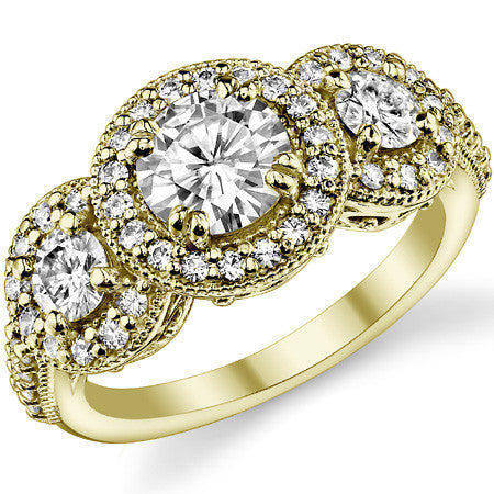 Antique Scroll Three-Stone Halo Moissanite Engagement Ring