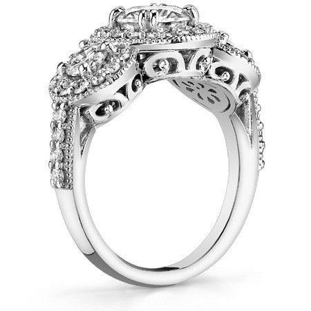 Antique Scroll Three-Stone Halo Moissanite Engagement Ring