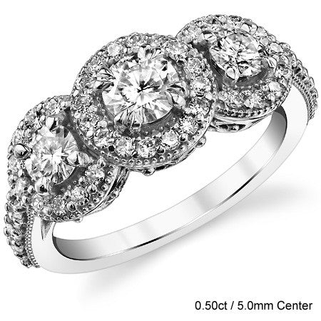 Antique Scroll Three-Stone Halo Moissanite Engagement Ring