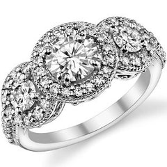 Antique Scroll Three-Stone Halo Moissanite Engagement Ring