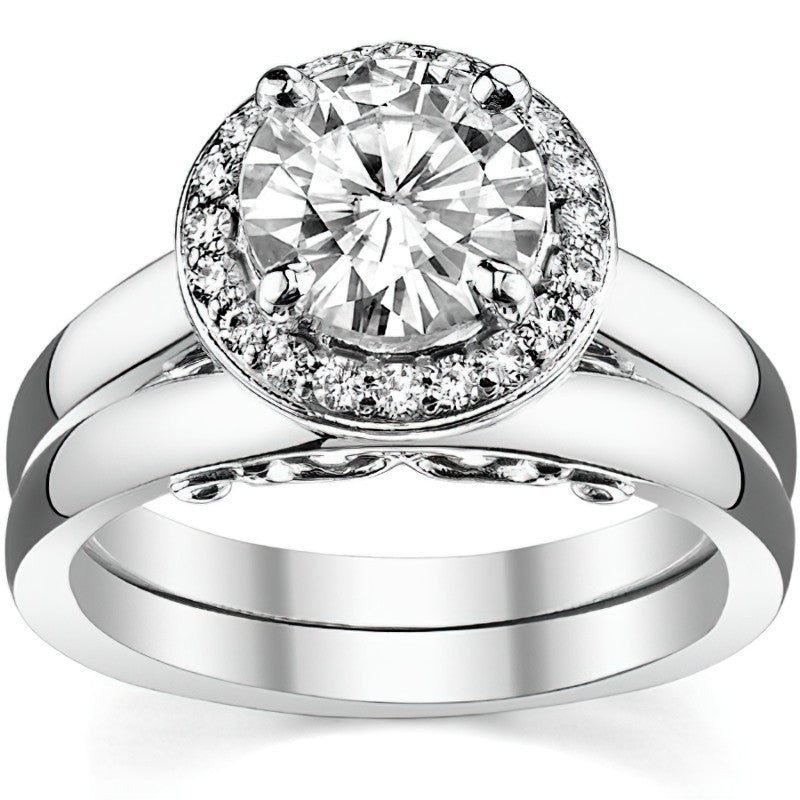 Round Scroll Halo Moissanite Engagement Ring
