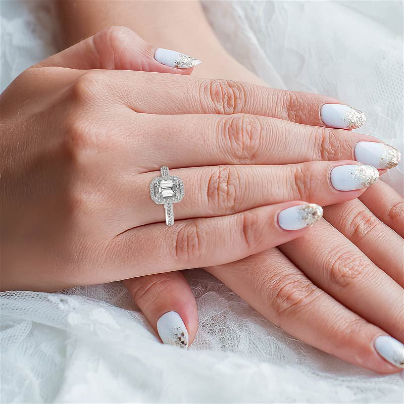 Radiant/Emerald Scroll Halo Moissanite Engagement Ring