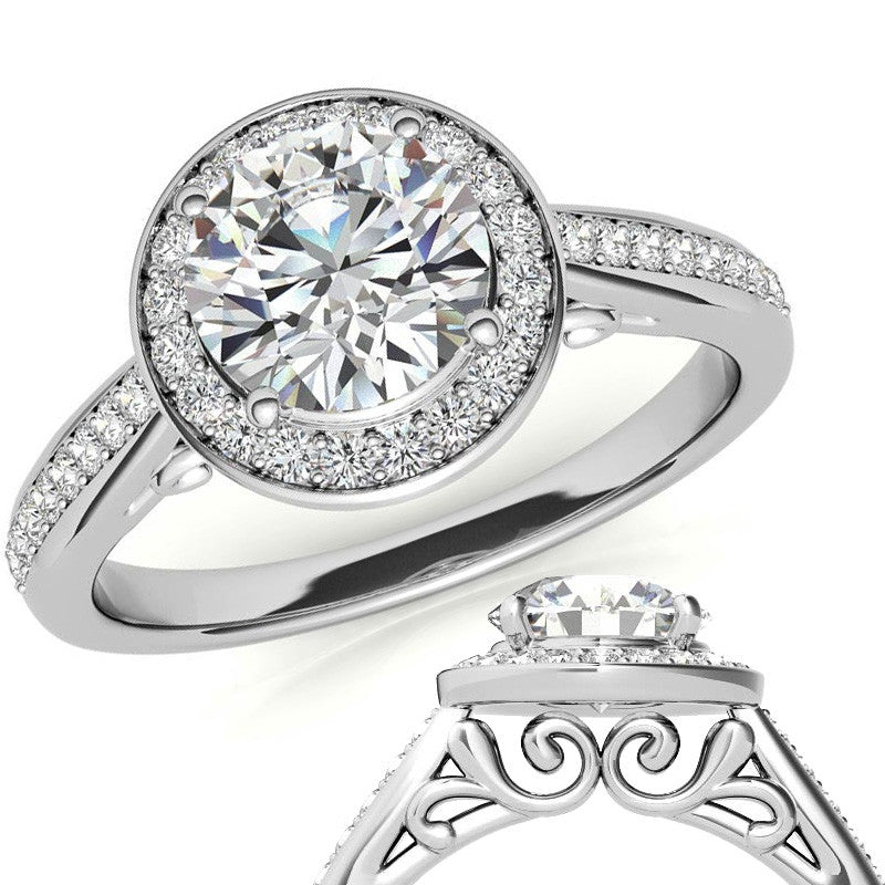 Round Scroll Halo Moissanite Engagement Ring