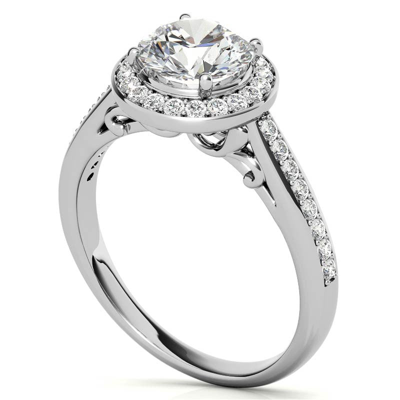 Round Scroll Halo Moissanite Engagement Ring