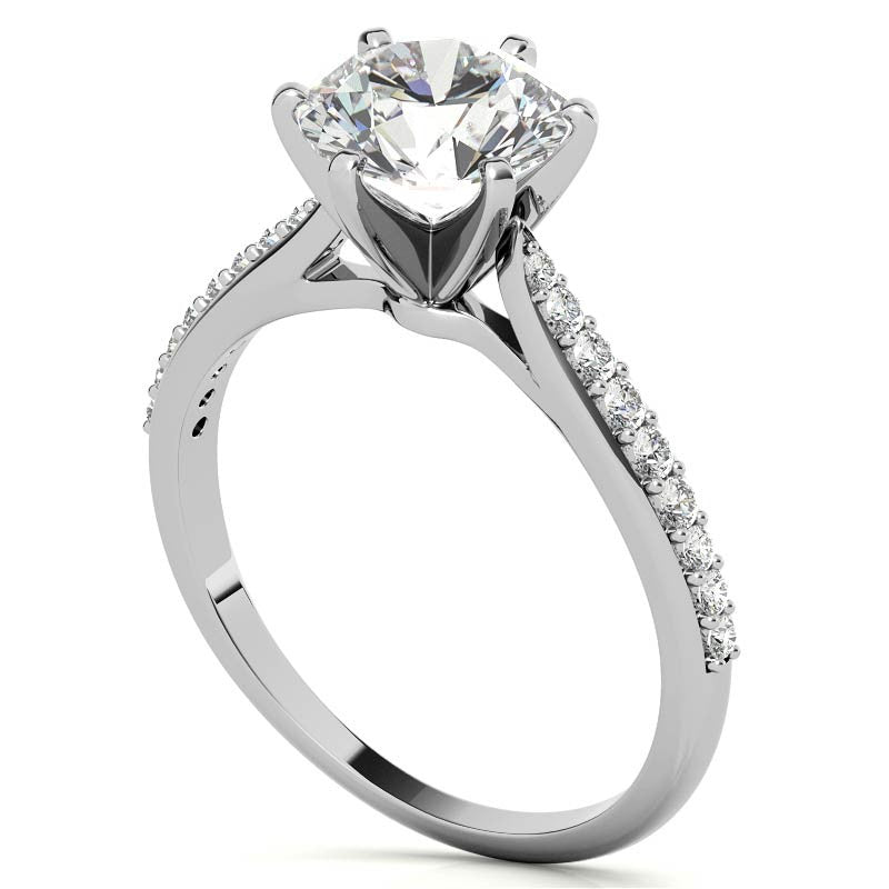 Round Brilliant Moissanite Tapered Cathedral Engagement Ring, 0.21ct