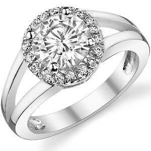 Halo Split Shank Round Brilliant Moissanite Engagement Ring