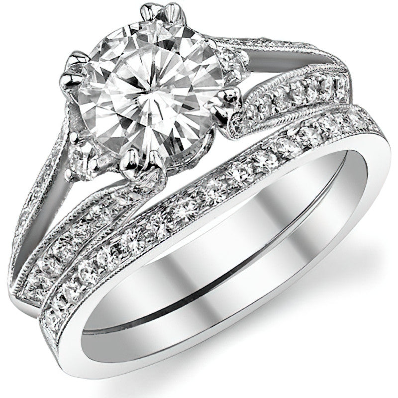 Round Split Shank Milgrain Moissanite Engagement Ring