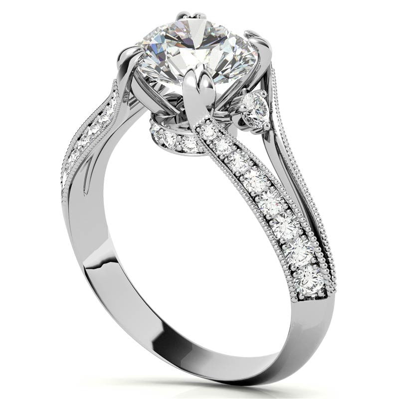 Round Split Shank Milgrain Moissanite Engagement Ring