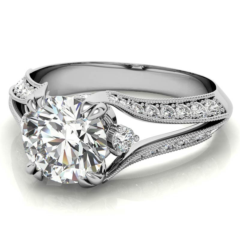 Round Split Shank Milgrain Moissanite Engagement Ring