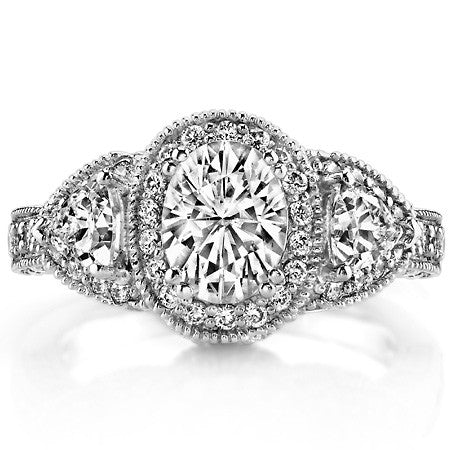 Oval & Trillion Three-Stone Halo Moissanite Engagement Ring