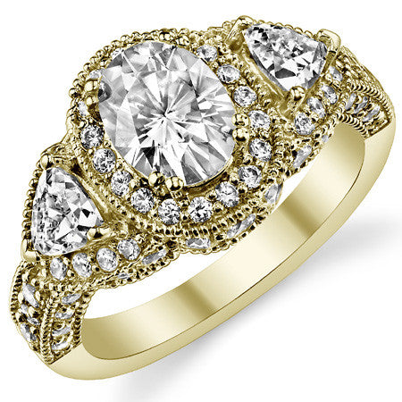 Oval & Trillion Three-Stone Halo Moissanite Engagement Ring