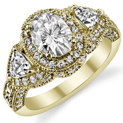 Oval & Trillion Three-Stone Halo Moissanite Engagement Ring