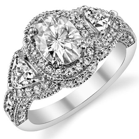 Oval & Trillion Three-Stone Halo Moissanite Engagement Ring