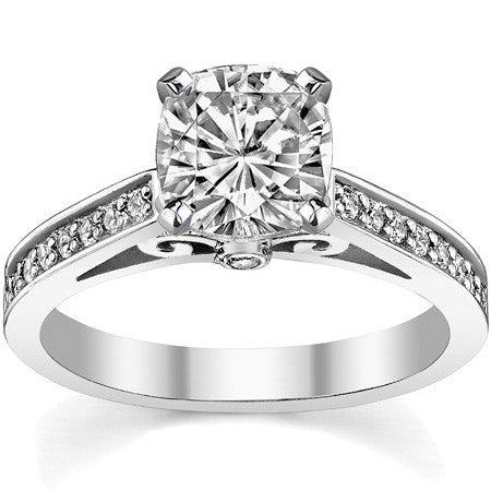 Round Brilliant Moissanite Scroll Cathedral Engagement Ring
